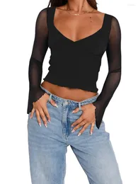 Kvinnors T -skjortor Deep V Neck långärmad toppar Kvinnor Slim Basic Lightweight Crop Y2K Fall Spring Going Out Pullover Tunic