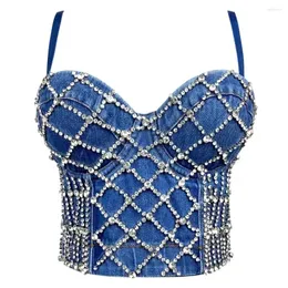 Serbatoi delle donne 2024 di Modo di Estate Delle Signore Sexy Gilet di Jeans Carnevale Festival Strass Solido Bustier Crop Cami Top di Lusso Delle Donne Del Reggiseno