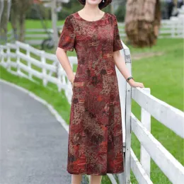 여성용 여름 옷 Chinoiserie 인쇄 둥근 목 넓은 사이드 포켓 ​​짧은 슬리브 중간 길이 느슨한 피팅 드레스