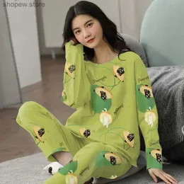 Women's Sleepwear Womens Spring and Fall Pajamas Long-Sleeved Polyester Suit Kawaii Homewear Loose Sweet Girl Gift Floral O-Neck Cute Loungewear