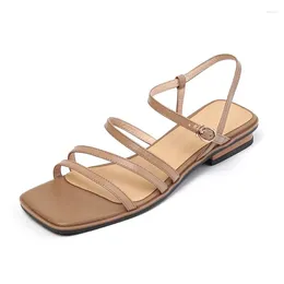 Sandalen Cross Strap Low Heeled Sommer Damen Casual Damen Mode Frau Beige Apricot One Word Buckle Open Square ToeSandal