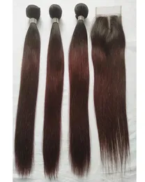 T 1B 99J ombre färgade hårbuntar med stängning Dark Wine Straight Human Hair 3 Bunds med 4x4 Middle Part Lace Closure Extensi4188761