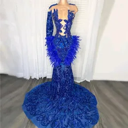 Royal Blue Prom Dress For Black Girls Beaded Sequined Birthday Party Gowns Feathers Evening Wears Outfit