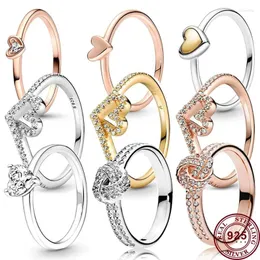 Cluster Rings 925 Silver Shining Eternal Love Heart Wishing Bone Women's Sign Ring High Quality DIY Charm Jewelry