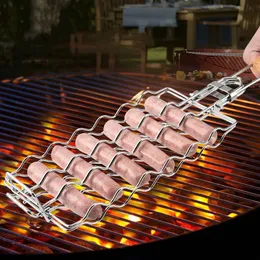 304 aço inoxidável removível dobrável portátil grill malha clipe de salsicha cesta de peixe milho net ferramentas para churrasco 240223