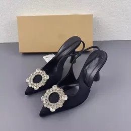 Dress Shoes Women Black Rhinestone Buckle High Heels Fashion Pointed Slingback Pumps Female Wedding Shoe 36/37 Size Special Price