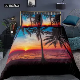 Set Ocean Beach Duvet Cover Set King Microfiber Tropical Sunset Beach with Palm Trees Bedding Set Peaceful Ocean Evening Quilt Cover Sheer Curtains