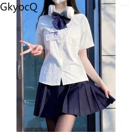 작업 드레스 gkyocq sweet skirt set lapel 쇼트 슬리브 패치 워크 캐주얼 셔츠 A- 라인 주름 JK 스커트 빈티지 순수한 섹시한 여성 의상