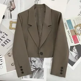 Korean Fashion Cropped Blazers Jacket Women Long Sleeve Office Ladies Streetwear Solid Color Single Button Short Suit Coat 240228