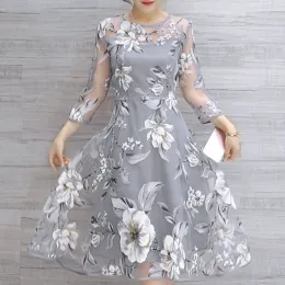 Klänning elegant organza långärmad blommig tryck en linjeklänning sommarparty prom klänning för kvinnor vestidos para mujer elegantes bonitos