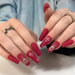 False Nails Christmas Wearable Red Coffin Shape Snowflake Press On Nail Simple Wear For Women And Girl Elk Party