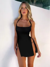 Elbise Mozision Metal Circle Split Mini Elbise Kadınlar İçin 2023 Yaz Yeni Siyah Yular Sırtsız Kolsuz Bodycon Kısa Elbise Vestidos