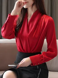 Deep V-neck Satin Blouses Women Chiffon Shirts Solid Elegant Female Office Lady Tops White Red Ladies Clothes Long Sleeve 240223