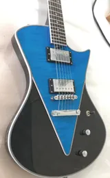 Music Man Armada Singlecut Chitarra elettrica blu divisa a forma di V Top in acero fiammato abbinato con retro nero Pickup HH con taglio a pancia intarsiato a triangolo