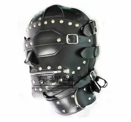 Quality Bondage Gear Leather Hoods Muzzles Fetish BDSM Slave Training Zipper Full Head Harness Mask New Stud Design B03060211095510