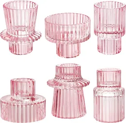 Pink Glass Home Decor Candle Holders Wedding Decoration Accessories Candlesticks For Candelabro Centerpiece Vertical Stripes