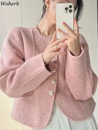 Sonbahar Kadın Katı Tek Göğüslü Mizaç Üstleri Kadın Giysileri O yaka Tunik Moda Caot Kore Vintage Y2K Tweed Ceket 240301