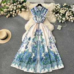 Casual Kleider Sommer Eleganter Druck Blumen Langes Kleid Damen Ärmelloses Revers Einreiher Gürtel Tank Strand Party Vestidos Kleidung 2024