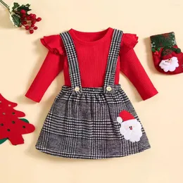 Roupas conjuntos de foco 0-18m outono meninas de Natal Roupas de Natal 2pcs Ricoceias Romadas Romadores de Bordado Santa Houndstooth Saias