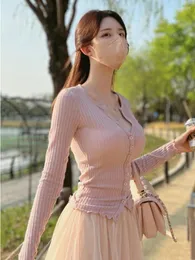 Women's Knits WOMENGAGA 2024 Korean Autumn/Winter Gentle Feminine Sexy Half Open Collar Show Chest Slim Cardigan For Women Sweet 8O07