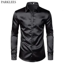 Mens Black Satin Luxury Dress Shirts Silk Smooth Men Tuxedo Shirt Slim Fit Wedding Party Prom Casual Shirt Chemise Homme 230226