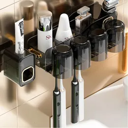 Suporte de escova de dentes montado na parede, à prova de poeira, dispensador automático de pasta de dentes, rack de armazenamento de maquiagem, acessórios de banheiro conjunto 240226
