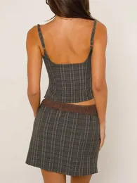 Vestidos de trabalho feminino 2 peças saia conjunto y2k xadrez impressão camisola e cordão bodycon mini roupas estéticas streetwear