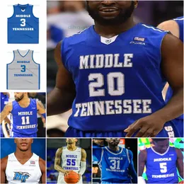 Benutzerdefiniertes Middle Tennessee Basketball-Trikot, NCAA-Trikot mit Nähten, beliebiger Name, Nummer, Herren, Damen, Jugend, bestickt, Justin Bufford, Isiah Lightsy, Ty Mosley, Torey Alston