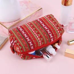 Cosmetic Bags Christmas Style Toiletry Organizer With Zipper 2PCS Brushes Storage Bag Knitted Stripe Holiday Gift For Woman Women Girls