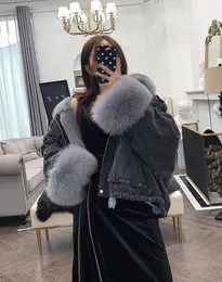 Denim Parka Women Winter Jacket Real Fox Fur Collar Cuffs Rabbit Foder Warm Loose Outerwear Streetwear borttagbar 2010279578135