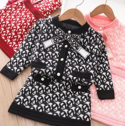 Designer little girls clothes sets lady style kids letter knitted outfits children Bows tie long sleeve cardigan skirt 2pcs Q80825924685