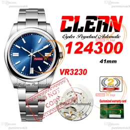 124300 VR3230 Automatik-Herrenuhr Clean CF, 41 mm, polierte Lünette, blaues Stick-Zifferblatt, 904L-Edelstahlarmband, Super Edition, Karte der gleichen Serie, Puretimewatch Reloj