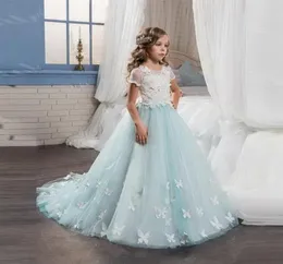 New Light Blue Flower Girl Dresses With Butterfly Short Sleeves Ball Gown ONeck First Girls Communion Gown Girls Pageant Dress4086039