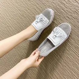 Casual Shoes Fringe White Genuine Leather Woman Crystal Beading Round Toe Platform Flats Tassel Sneakers Women Thick Bottom Loafers