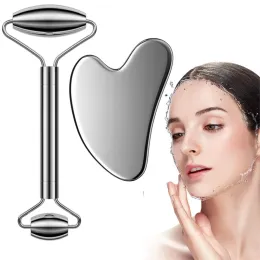 Werkzeug Gesichtsroller Reiner Edelstahl Gesichtsmassagegerät Gua Sha Set Gesichtsmassagewerkzeug für Gesicht Auge Hals Körper (Silber)