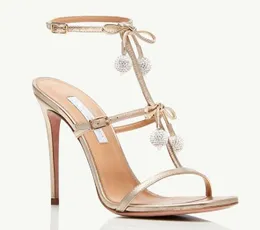 2024 Famosi AQUAZZURA Cha Crystal sandali col tacco alto verde Party Scarpe eleganti con tacco alto muli a spillo Sfera di diamanti impreziosita in metallo Pelle di pecora punta aperta da donna