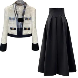 Little Fragrance Zweiteiliges Streetwear-Set, stilvolle Tweed-Jacke mit V-Ausschnitt, A-Linien-Rock mit hoher Taille und geteilter Hose mit weitem Bein 240220