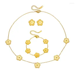 Necklace Earrings Set 3pcs/set Stainless Steel Metal Clover Jewelry For Women Luxury Gold Color Flower Design Bracelet Gift