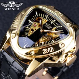 Vencedor steampunk moda triângulo dourado esqueleto movimento misterioso masculino relógios de pulso mecânicos automáticos marca superior luxo cj19283t