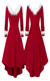 Повседневные платья женские рождественские с длинным рукавом сексуальное красное платье-миди с v-образным вырезом белая плюшевая отделка плиссированные асимметричные вечерние Санта-костюм7408952