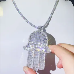 Moissanite jóias hip hop colar baguette pedra 925 prata esterlina hamsa mão gelado pingente passar tester