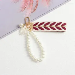 Keychains Simple Small Fresh Pearl Ribbon Mobile Phone Lanyard Creative Leaves Bracelet Key Chain Pendant