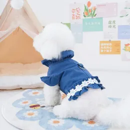 Dog Apparel Pet T-shirt White Flowers Decor Front Bowknot Ruffle Collar Spring Summer Small Medium Puppy Tee Clothes Supplies