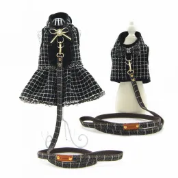 Sets Black Plaid Dog Princess Tutu Dress Skirt Warm Dog Clothes Small Pet Cat Dog Harness Vest And Leash Puppy Collar Leads