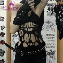 Punk Rock Sexy Cut Out Sleeveless Camis Tank Top Y2K Harajuku Gothic Women Elastic Suspenders Mesh Camisole Chic Streetwear 240229