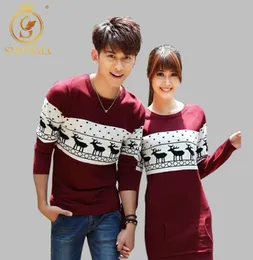 Smen Autumn och Winter Men039s Women Long Sleeve Wine Red Pullovers Matching Deer Par Christmas New Year Sweaters Dress Y6723077