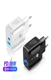 TYPEC 18W PD och QC 30 Fast Wall Charger med oss ​​EU UK Plug för Samsung iPhone iPad Xiaomi Huawei mobil mobiltelefon9253845