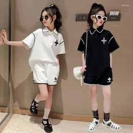 Clothing Sets Girls Korea Suit 2024 Summer Clothes Junior Kid's Fashion Lapel Top Short T-shirt Casual Shorts 2Pcs Set Trend