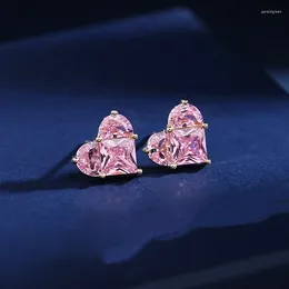 Stud Earrings UILZ Temperament Sweet Pink Zircon Heart For Women Daily Dating Versatile Earwear Accessories