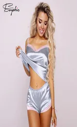 Suphis Silver Splicing Pajamas With Shorts Women Sexy Sleepwear Summer V Neck Spaghetti Strap Satin Pajama Silk Suit Night Set T207712645